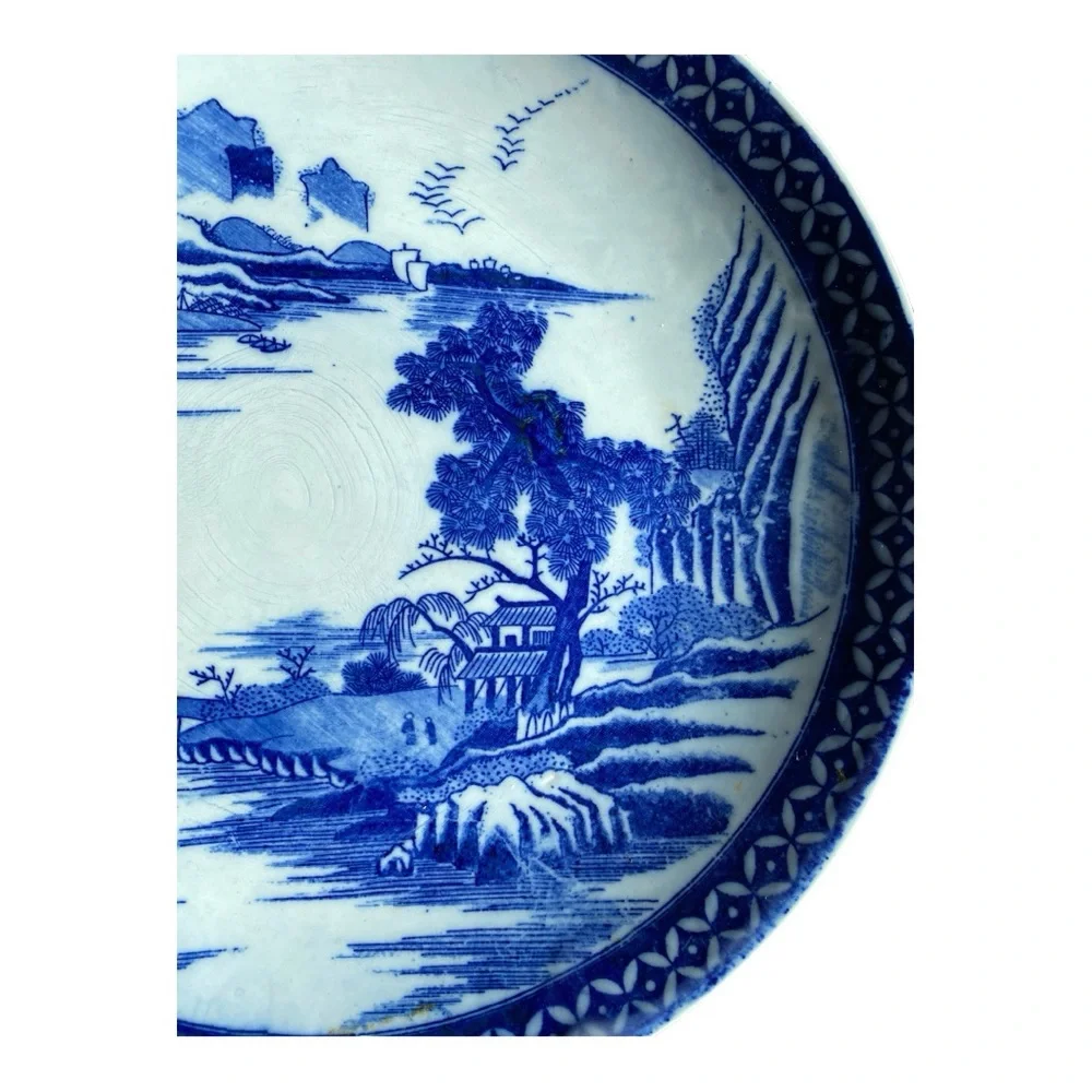 Vintage Japanese Blue & White Porcelain Serving Platter 12.25” Landscape Plate